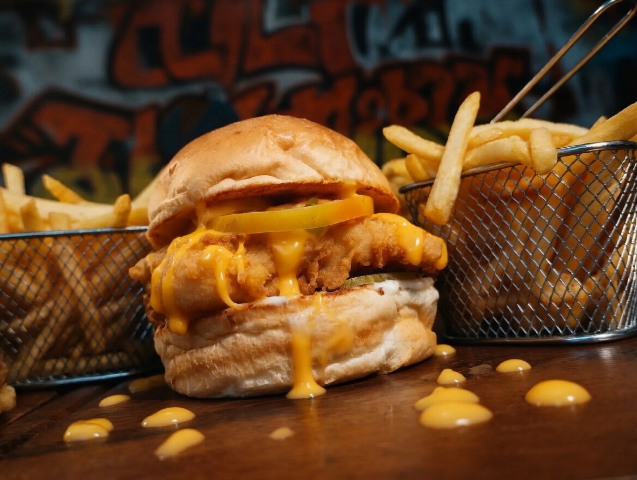 Chicken burger with cheese sauce and baskets of fries