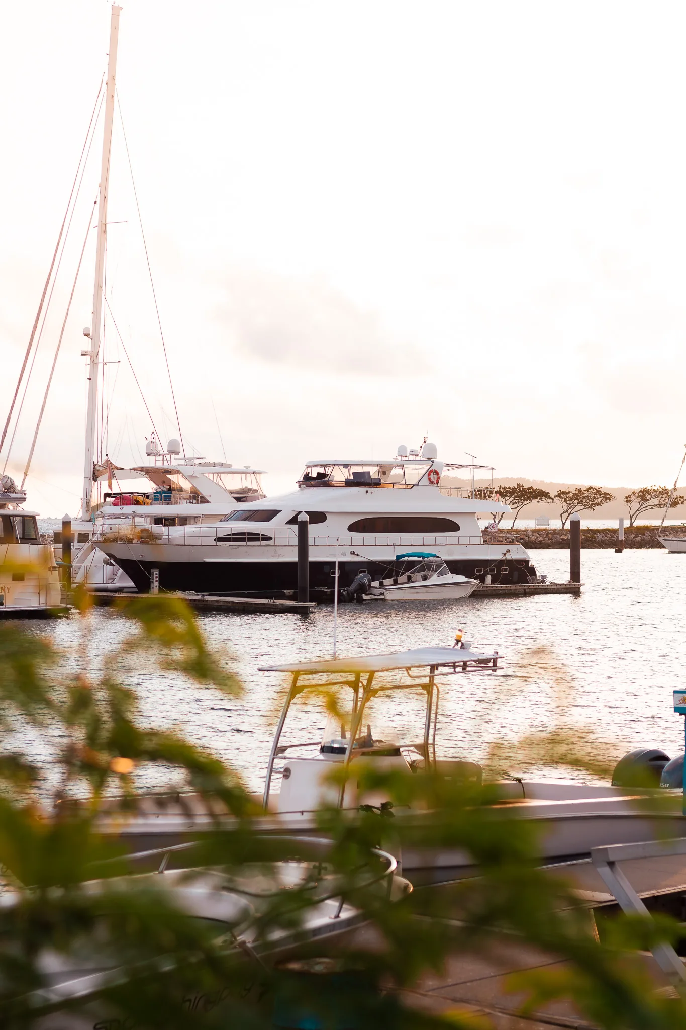 Tall view of a yacht moored at the marina
