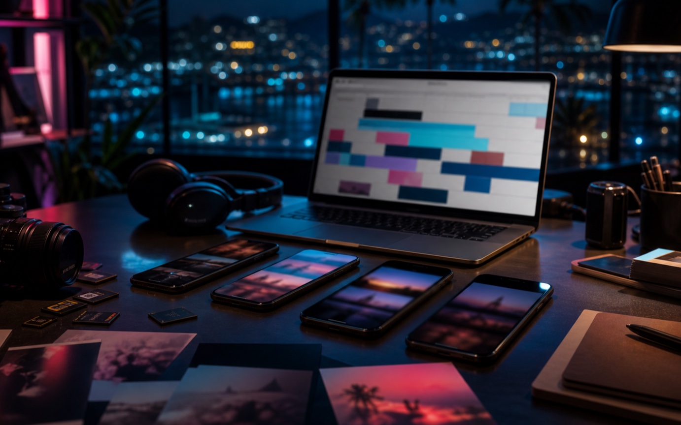 Illustrative scene of content being planned for several screens