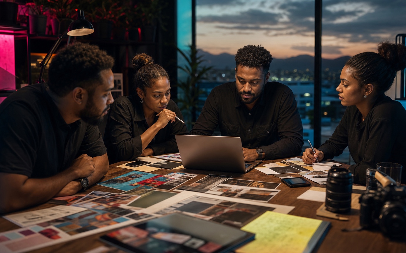 Illustrative scene of a creative team discussing a brief around a table